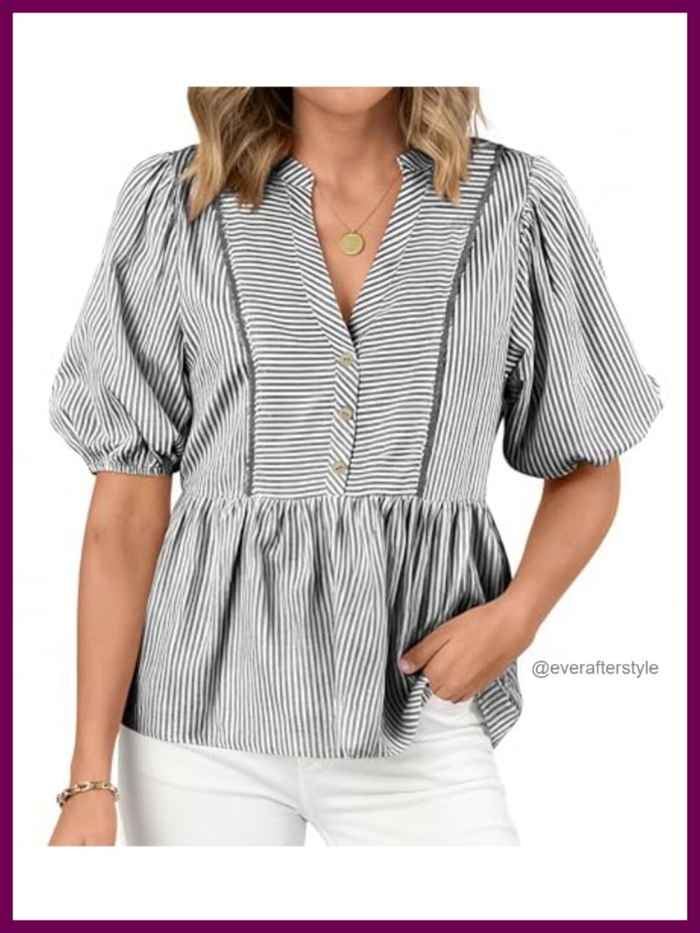 Lantern Sleeve Button Up Striped Babydoll Blouse Ruffled Hem V-Neck